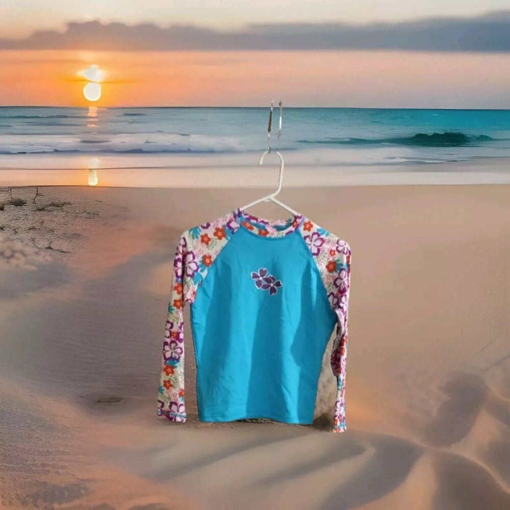 C & R Beachgear Girls Swim Shirt surf beach Size 14 blue tropical ocean